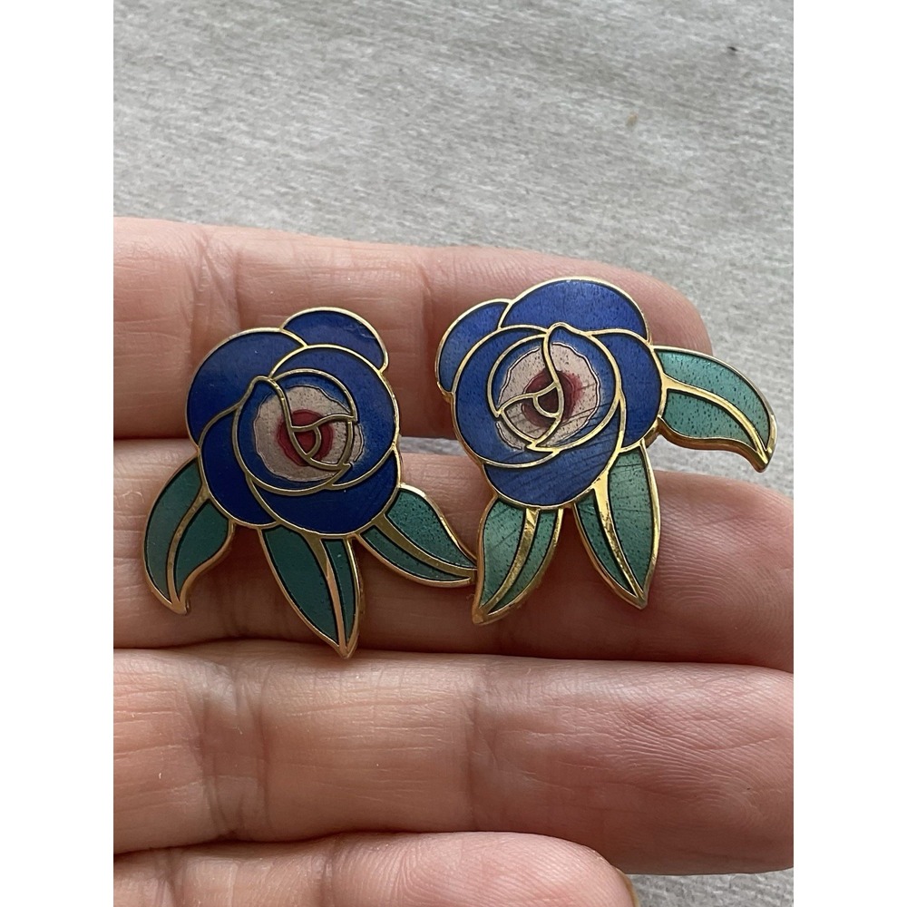 Laurel Burch "deco Rose" Enamel Cloisonné Earrings Vintage Estate Jewelry